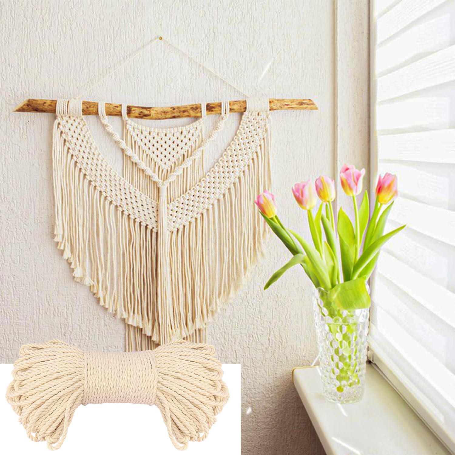 1/4 Inch Diameter White Cotton Rope 328 Feet Rope Composed of Four Strands of Cotton Rope, Soft and Thin Rope for Crafts, Clothesline and Home Interior Decoration