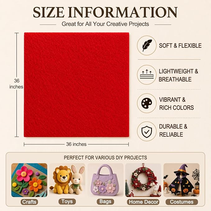 Red Large Felt Fabric 36" x 36", 1.4 mm Soft Felt Sheet, Nonwoven Fabric - Image 3