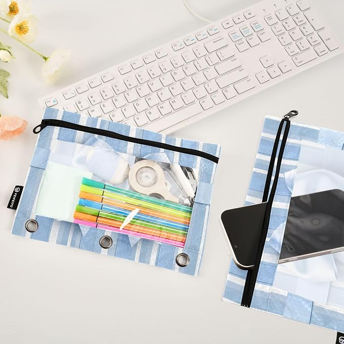 Blue Striped Bow Pencil Pouch for 3 Ring Binder, 2 Pack Waterproof Pencil Bags - Image 5
