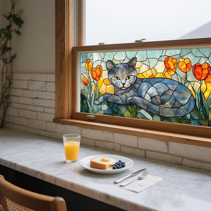 IVN Stained Glass Window Film 39.3x17.7 inch Cat and Tulips Window Privacy Film - Image 5