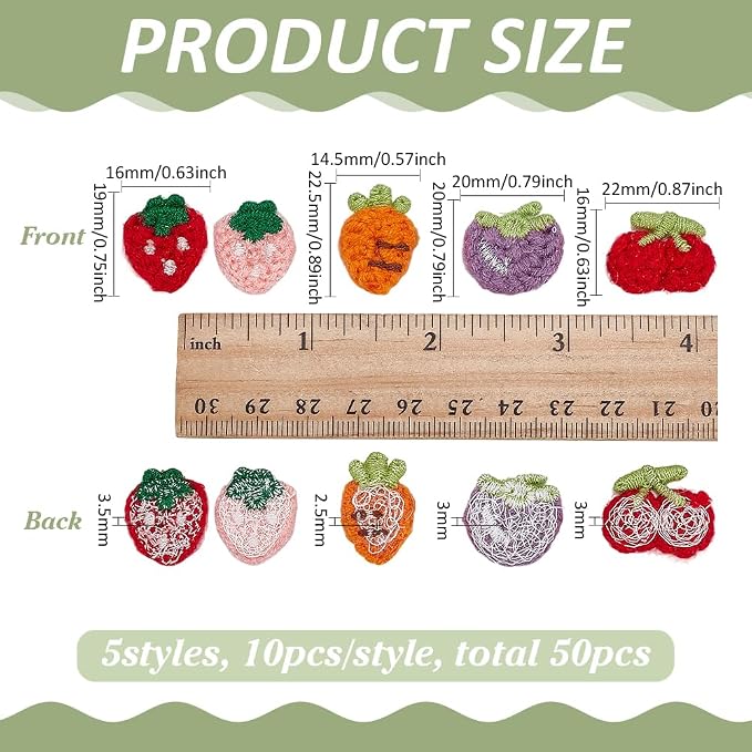 FINGERINSPIRE 50PCS Crochet Appliques 5 Style Fruit Sew On Patch Strawberry - Image 2
