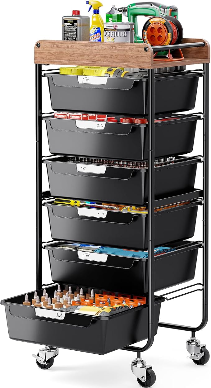 SYKIARIOL Utility Cart with 6 Labeling Drawers and Wooden Tabletop – Rolling by SYKIARIOL