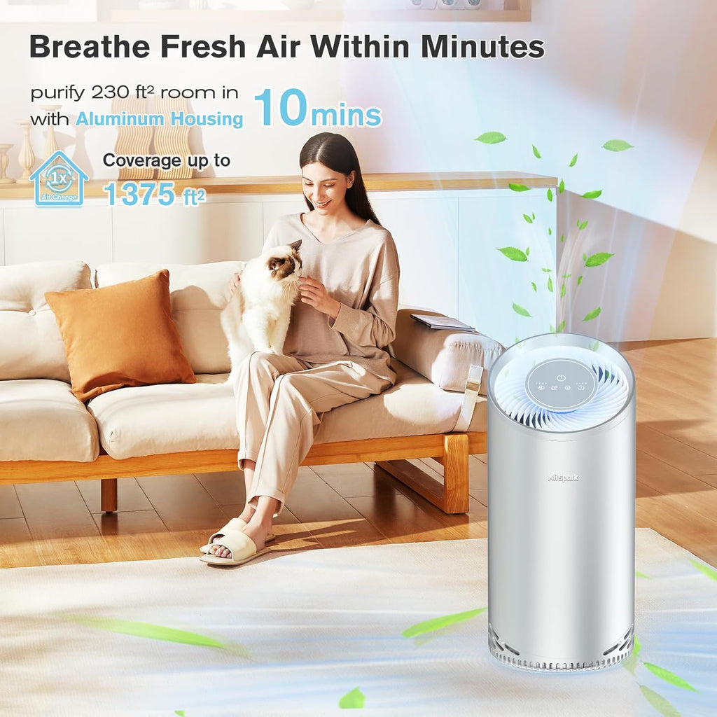 Aluminum Housing Air Purifiers for Home Bedroom Cover 1375ft². Washable Pre-Filter HEPA Air Purifier for Pets Hair Dander Odors, Filter 99.99% Smoke Dust Dander Pollen, Night Light Sleep Mode