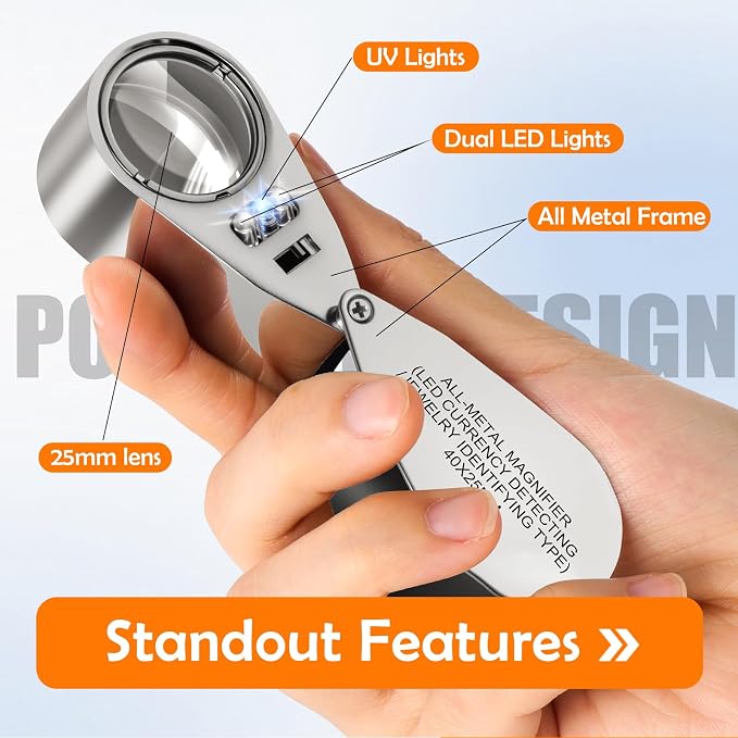 Leffis 40X Jewelers Loupe Magnifier Magnifying Glasses, LED/UV Illuminated - Image 3