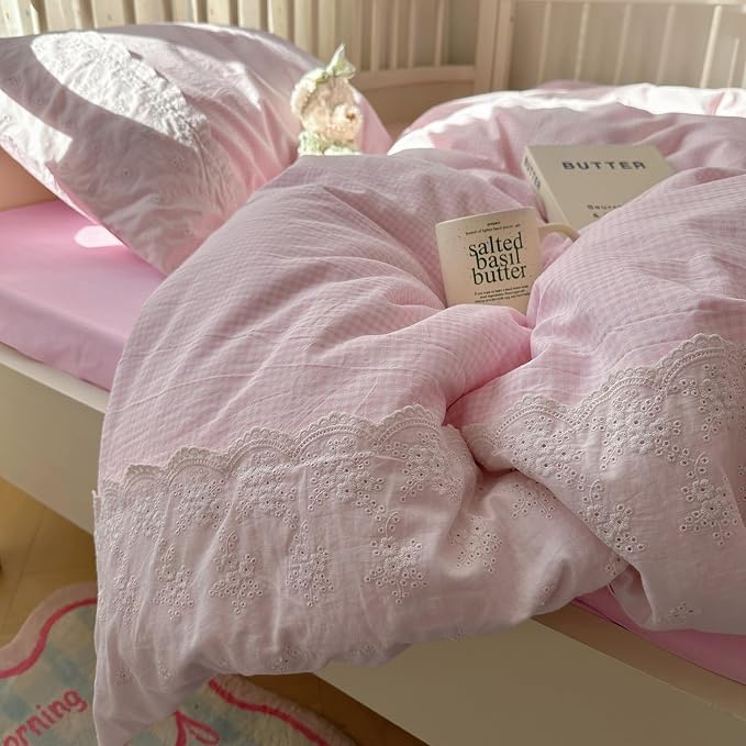 mixinni Pink White Gingham Duvet Cover Twin XL Size - Image 3