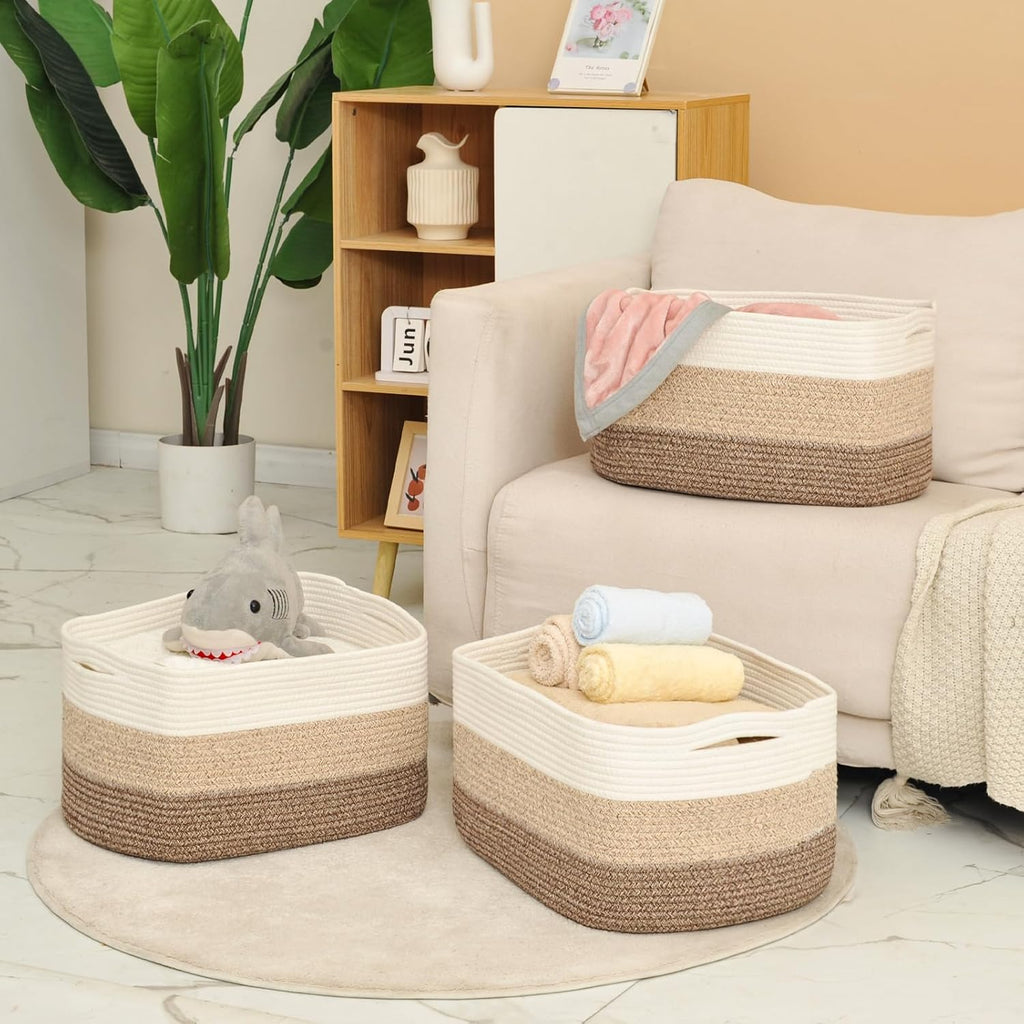 Large Storage Baskets for Organizing Shelves, Woven Cotton Rope Bins for Baby Nursery Organization, Book Toy Towel Organizer, 17"x13"x9.5", 3 Packs, Gradient Brown