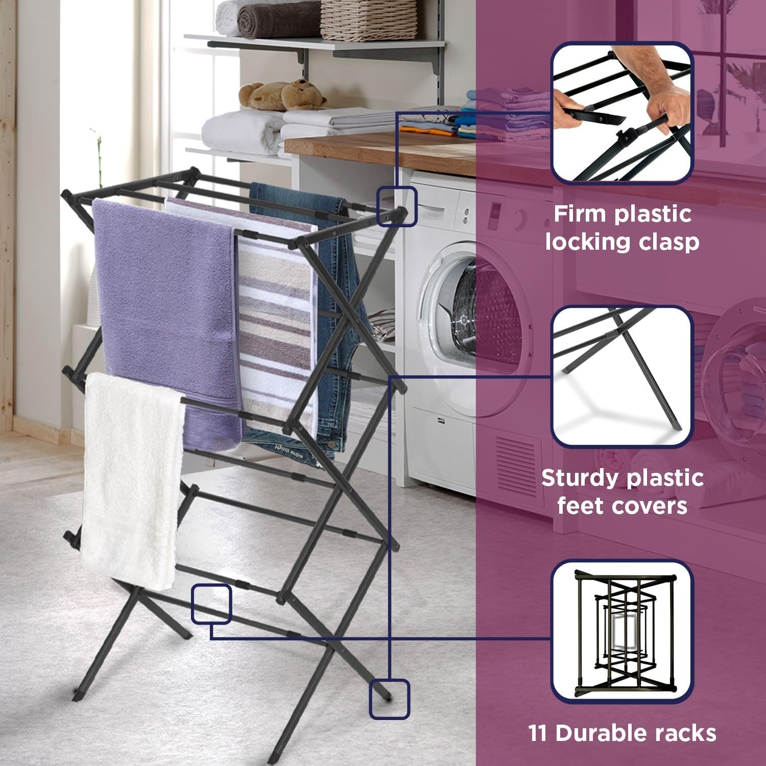BLACK+DECKER Laundry Organization Expandable/Collapsible Clothes Drying Rack. Essential for Camping/Trailers or Anywhere You Air Dry Laundry. Oversized for Multiple Garments, (Black)