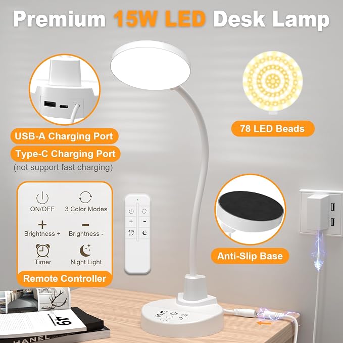 15W LED Desk Lamp with USB Charging Ports, Dimmable Table Lamp with 3 Color - Image 9