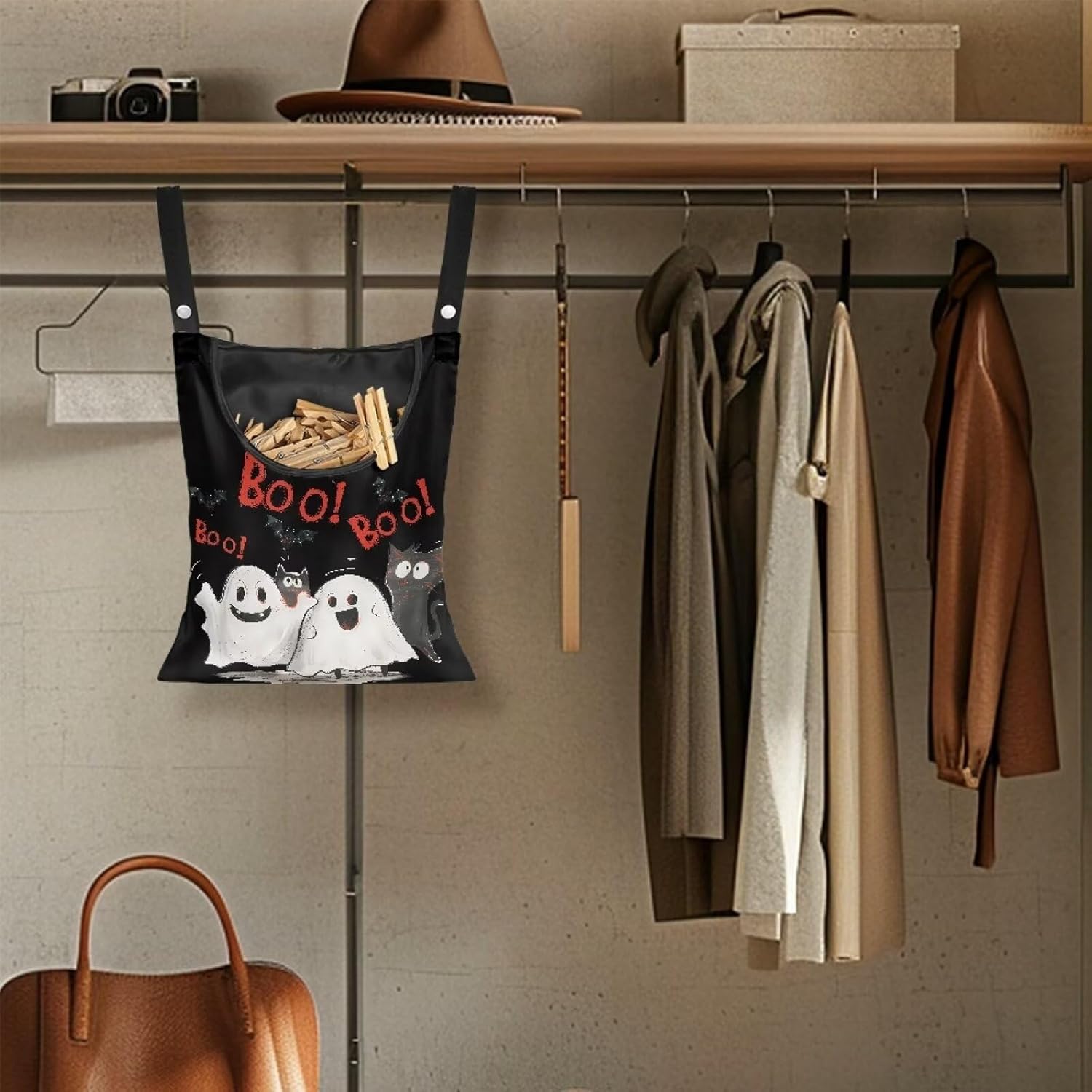 Cute Ghost Clothespin Bag Laundry Hanging Storage Organizer with Rope Clothespin Holder with an Extra Large Opening for Clothesline Outdoor Clothespin Storage with Hanger Hook