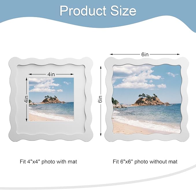 6x6 Picture Frame with Mat for 4x4, Wavy Edge Wooden Real Glass Photo Frame for - Image 3
