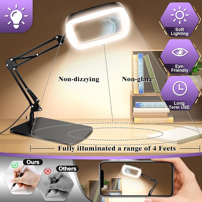 10X 30X Magnifying Glass with Light and Stand, Large Desk Lamp Magnifiers | - Image 4