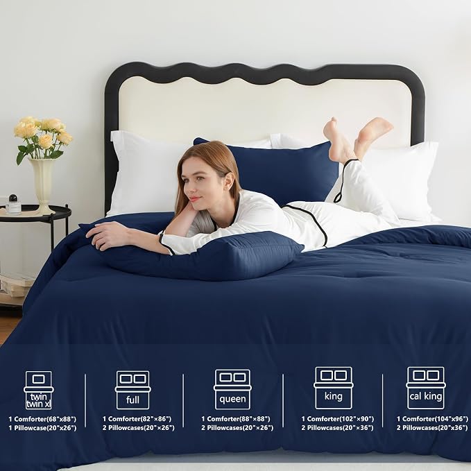 CozyLux Queen Comforter Set Navy Blue, 3 Pieces Solid Comforters Queen Size - Image 6