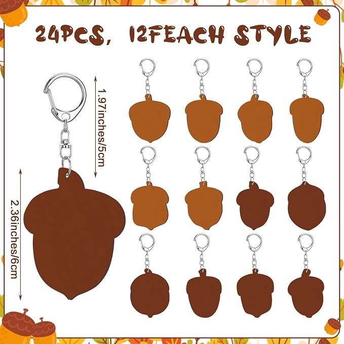 RattanView 24 Pcs Acorn Craft Color Your Own Keychains DIY Craft Wooden Blank - Image 2