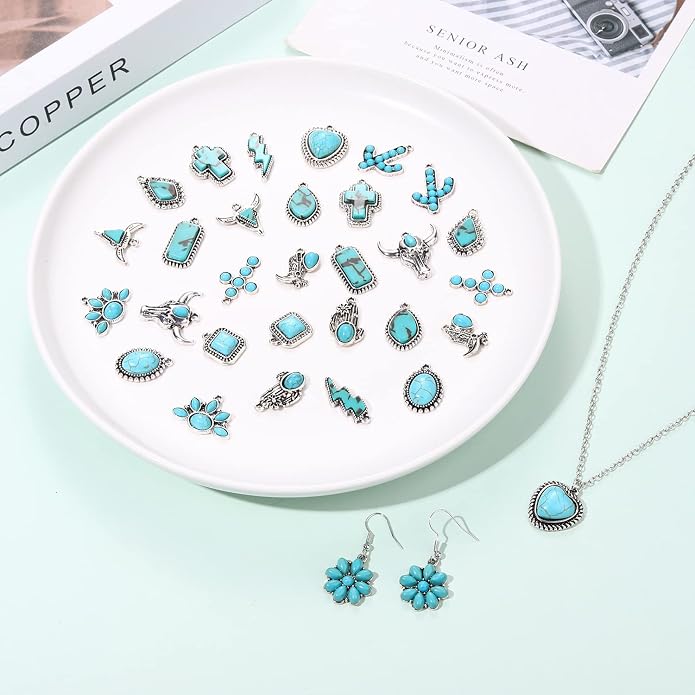 NVENF 32PCS Western Charms for Jewelry Making, Synthetic Turquoise Vintage - Image 3