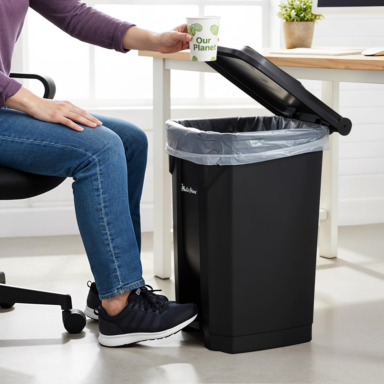 14 Gallon Step-On Trash Can/Container, Black Plastic Dustbin with Lid and Foot Pedal, Hands-Free Disposal