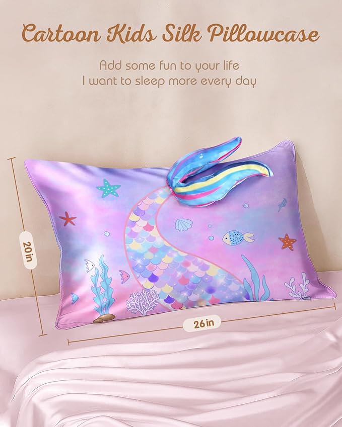 Kids Pillowcases Standard Size 20"x26" - Cute Cartoon Soft Breathable Silk Pillow Cases for Hair and Skin with Hidden Zipper for Girls Fun Kawaii Design for Bedding, Fish Tail