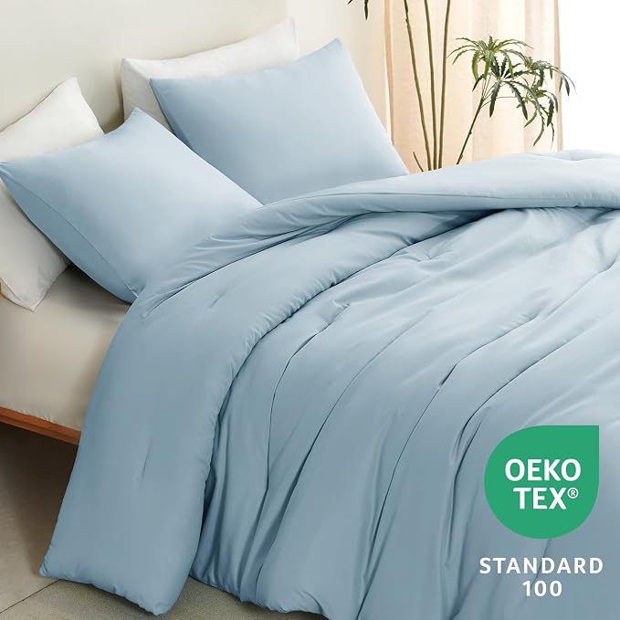 CozyLux King Size Comforter Set Light Blue, 3 Pieces Solid Comforters King Size - Image 4