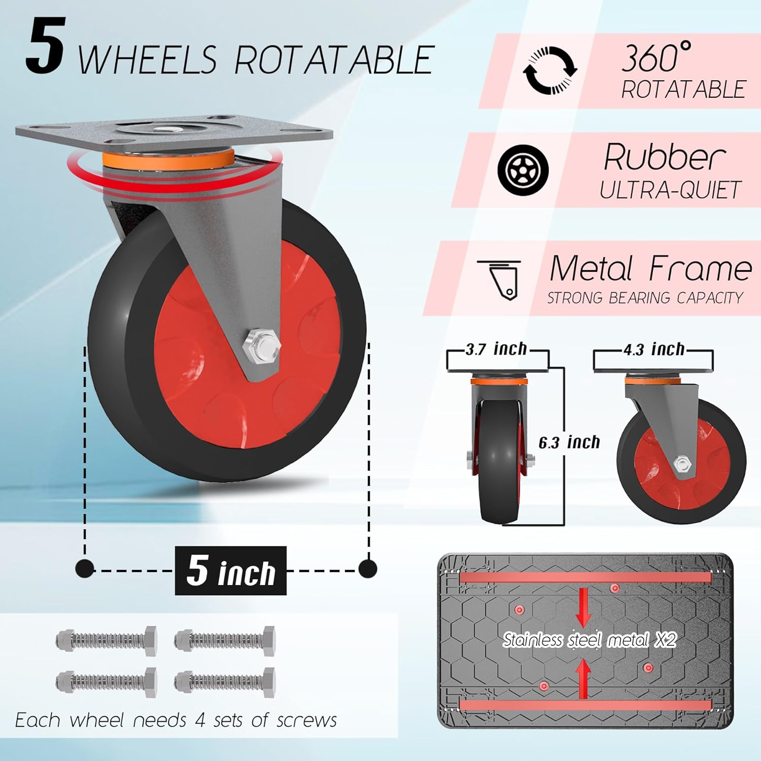 Utility Service Cart 2 Shelf - 880lbs Capacity Heavy-Duty Plastic Rolling Utility Carts with 5 of 360° Swivel Wheels and Handle, Large Service Cart for Groceries, Warehouse,Garage 43.5''x25.6''