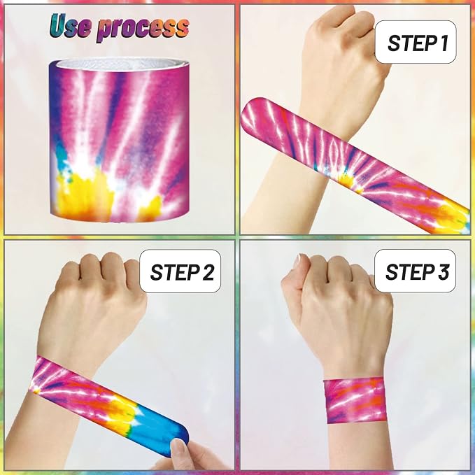60PCS Tie Dye Party Favors Slap Bracelets, Groovy Wristbands Bracelets Goodie - Image 4