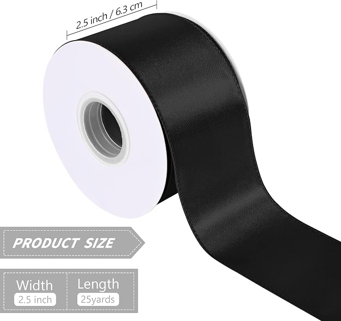 Black 2.5 Inch Continuous 25 Yards Satin Wired Ribbon Valentine's Day Ribbons - Image 2