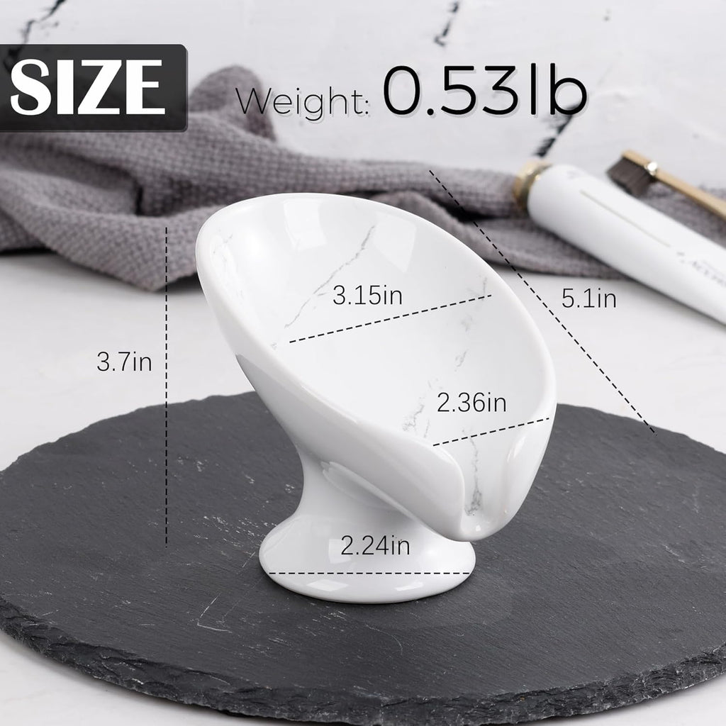 Soap Dish Set, Self Draining Bar Soap Holder for Bathroom Sink, Leaf Shaped Drainage Soap Dish Ceramic Marble Porcelain Decorative Soap Dishes 2PCS, No Suction Cup, ANTIS'S HOME