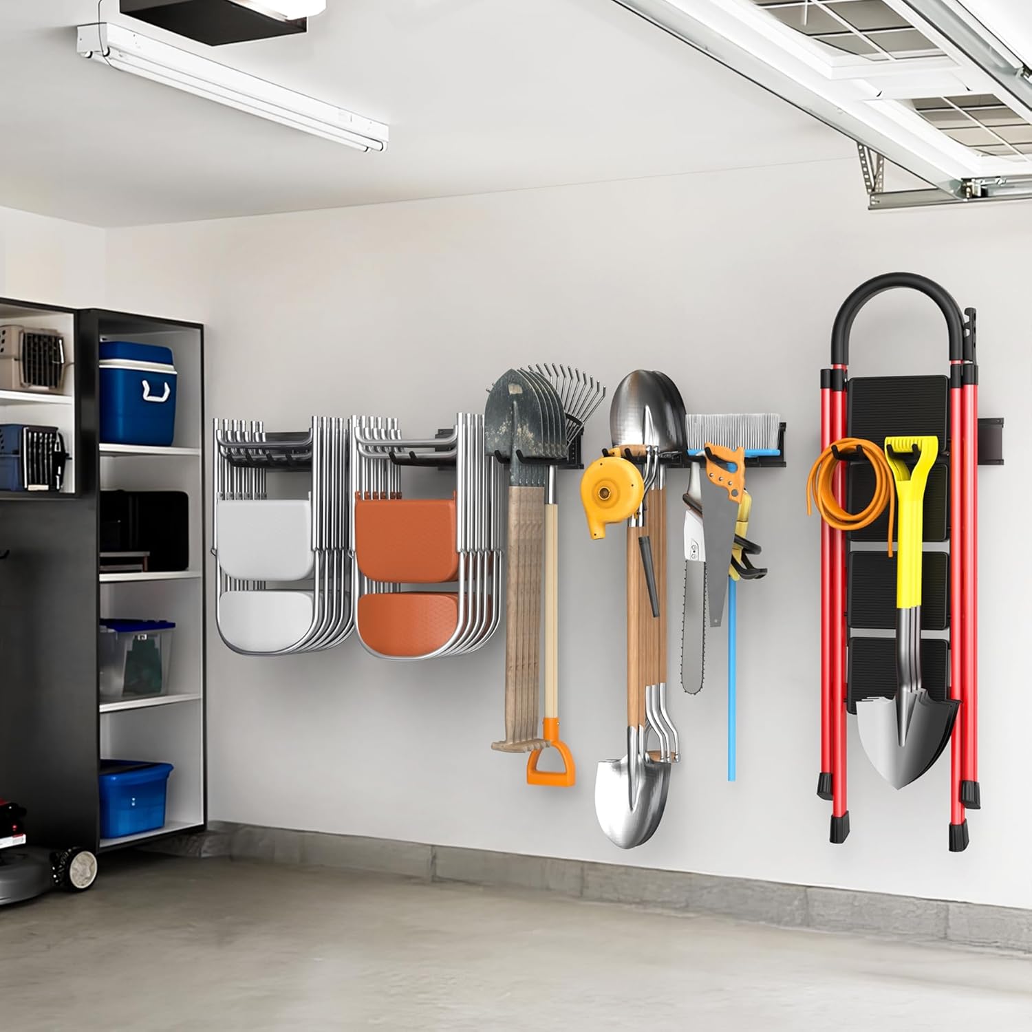 WALMANN Wall Mounted Garden Tool Organizer for Garage, Heavy Duty Folding Chair Storage Rack, 11-Inch Tools Storage Hooks for Shovels, Rakes, Ladders, Hold Up to 400 lbs