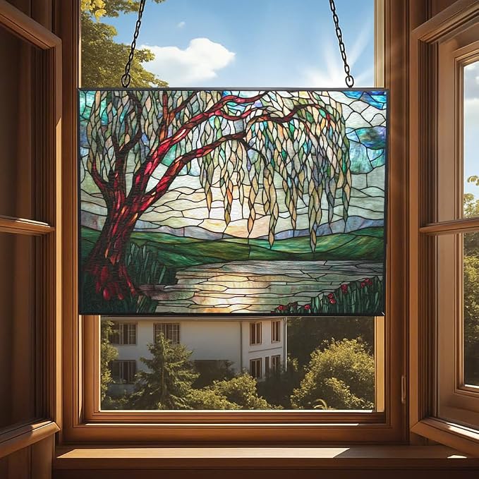 Art Nouveau Willow Pond Tree Stained Glass Window Hanging, Colorful Sun - Image 4