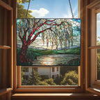 Art Nouveau Willow Pond Tree Stained Glass Window Hanging, Colorful Sun - Image 4