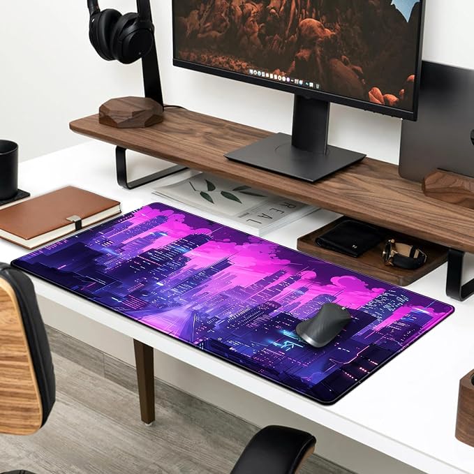 Desk Pad Cyberpunk Purple Desk Mat City Skyline Gaming Extended Mouse Pad Big - Image 3
