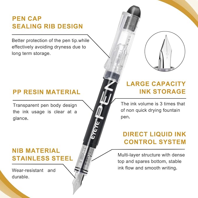 EYEYE Fountain Pens for Writing, 9 Pack Black Disposable Fountain Pens - Image 3