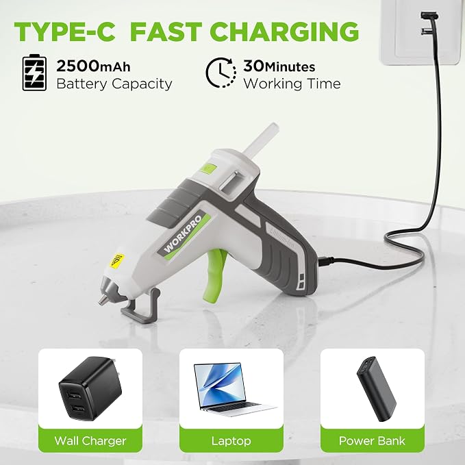 WORKPRO 3.6V Cordless Hot Glue Gun, Fast Preheating, Smart Power-Off, USB-C - Image 4