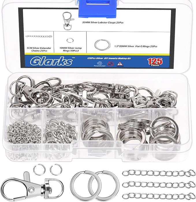Glarks 125pcs Silver Keychain Making Kit, Keychain Craft Supplies Including Key by Glarks