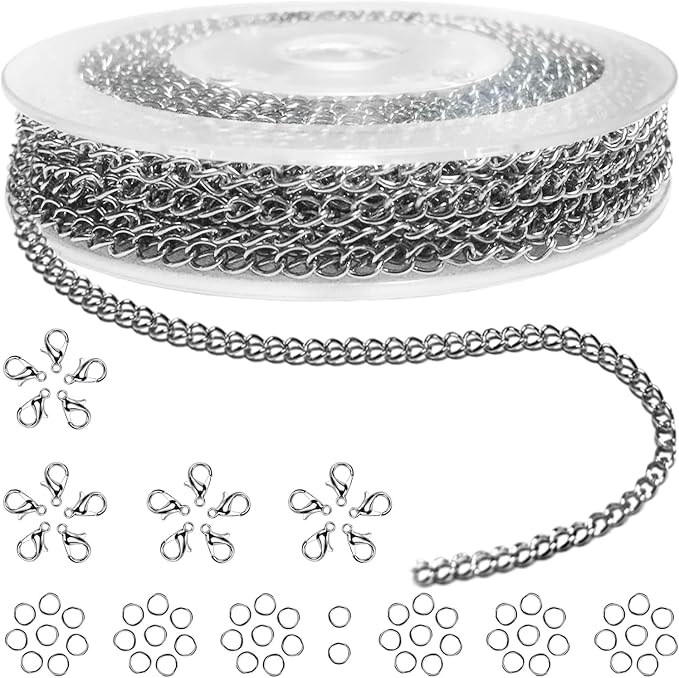Jishi 33ft Necklace Extender Chain 3mm Silver Stainless Steel Curb Link Chain by Jishi