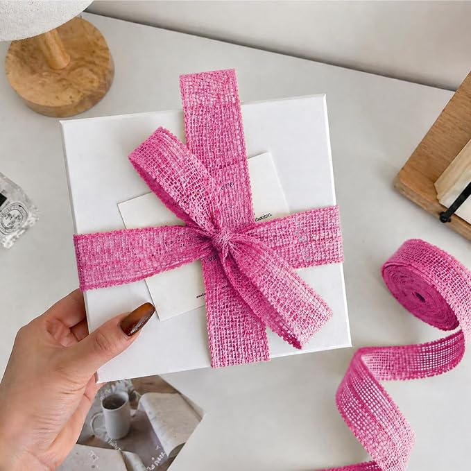 Pink Burlap Ribbon 1-1/2 inch X 10 Yard Pink Linen Wired Ribbon | Natural Linen - Image 2