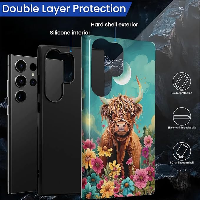 for Samsung Galaxy S24 Ultra Case, Highland Cow Flower Pattern Glossy 2 in 1 - Image 3