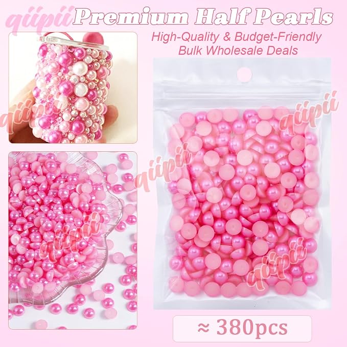 qiipii 380PCS 8mm Rose Pink Half Round Pearls Bulk - Image 2