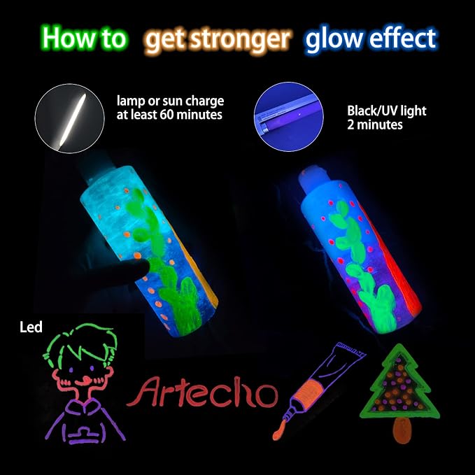 Artecho Glow in the Dark Acrylic Paint Set – 12 Colors x 11ml | Non-Toxic - Image 5