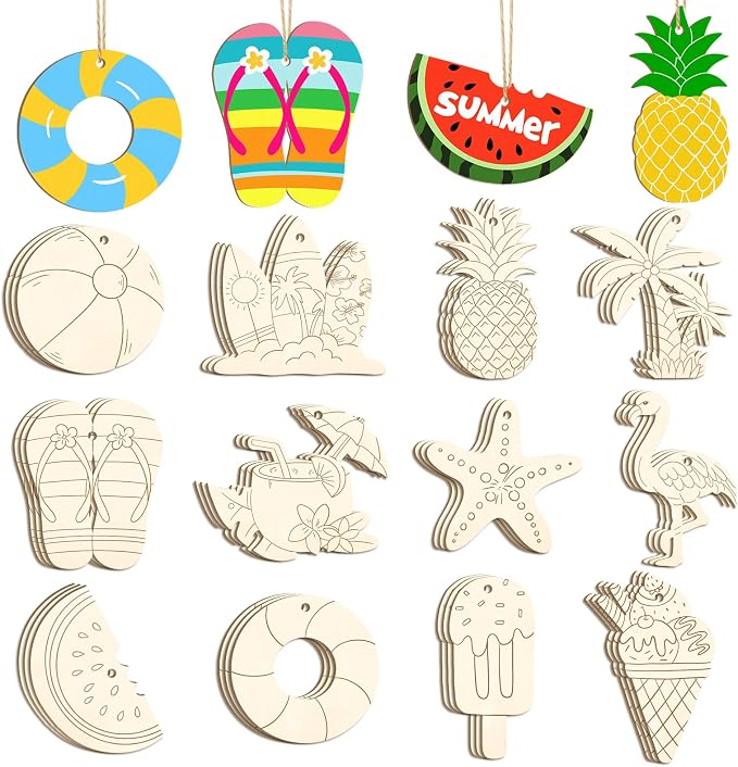36PCS Wooden Summer Ornaments to Paint, 12 Styles DIY Blank Unfinished Wood by Sophena