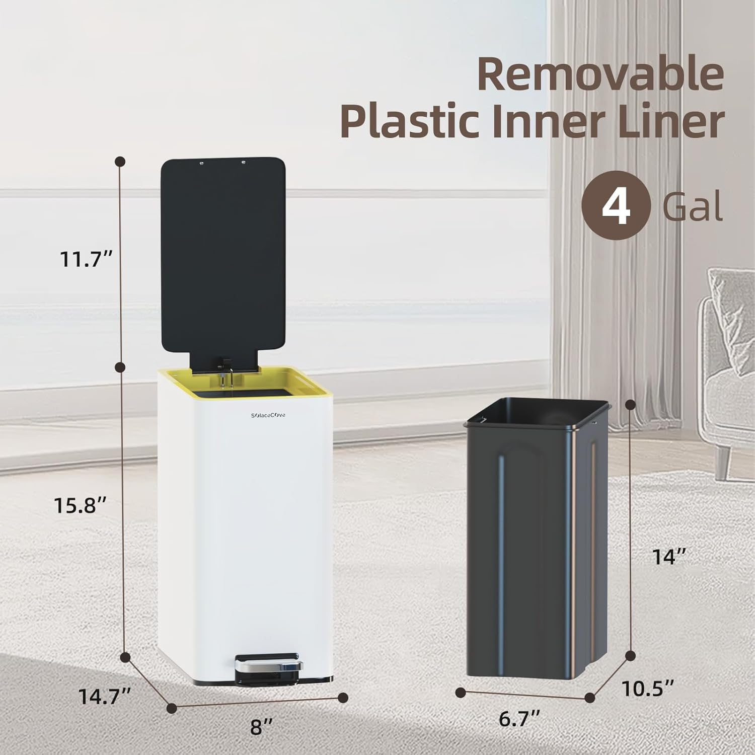 Stainless Steel 4 Gallon Slim Trash Can with Lid,15L Bathroom Garbage Can with Removable Wastebasket, Rectangular Garbage Cans for Office、 Bathroom,、Kitchen (White)