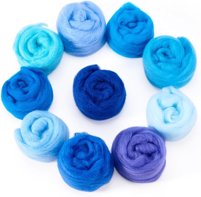 50G Blue Needle Felting Wool Roving 10 Colors Multicolor Soft Spinning Wool Bulk by Spritewelry
