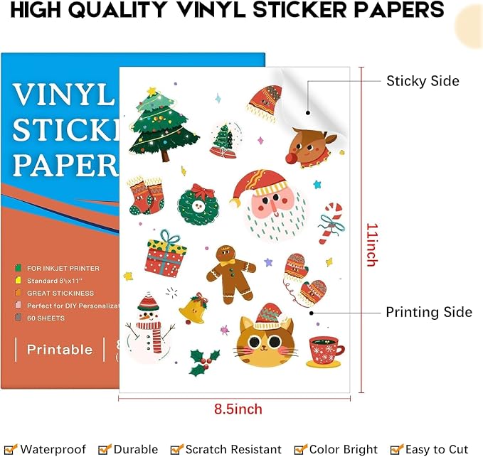 Aevdor 8.5x11 Printable Vinyl Sticker Paper, 60 Matte White Sheets | Matte - Image 2