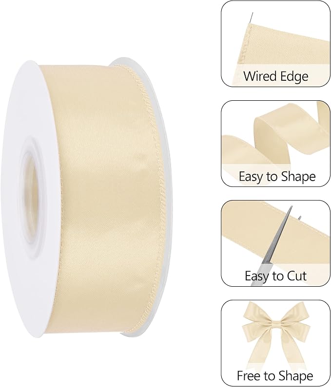 Cream 1.5 Inch Continuous 25 Yards Satin Wired Ribbon - Image 3