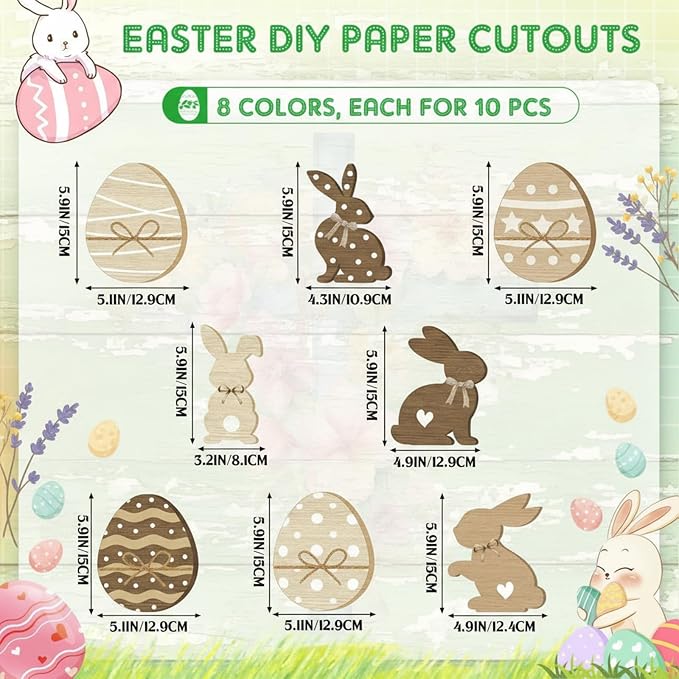 Funrous 80 Pcs Easter Paper Cutouts Farmhouse Rustic Bunny Egg Cutouts Easter - Image 2