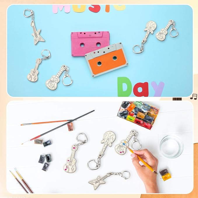 RattanView 24 Pcs Guitar Craft Color Your Own Keychains DIY Craft Wooden Blank - Image 5