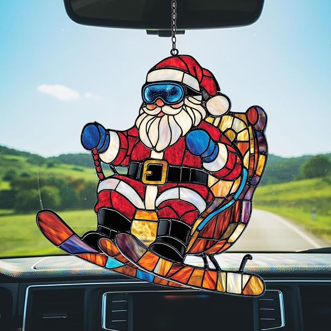 Funny Santa Claus Skiing Acrylic Suncatcher Stained Glass Effect Window Car - Image 5