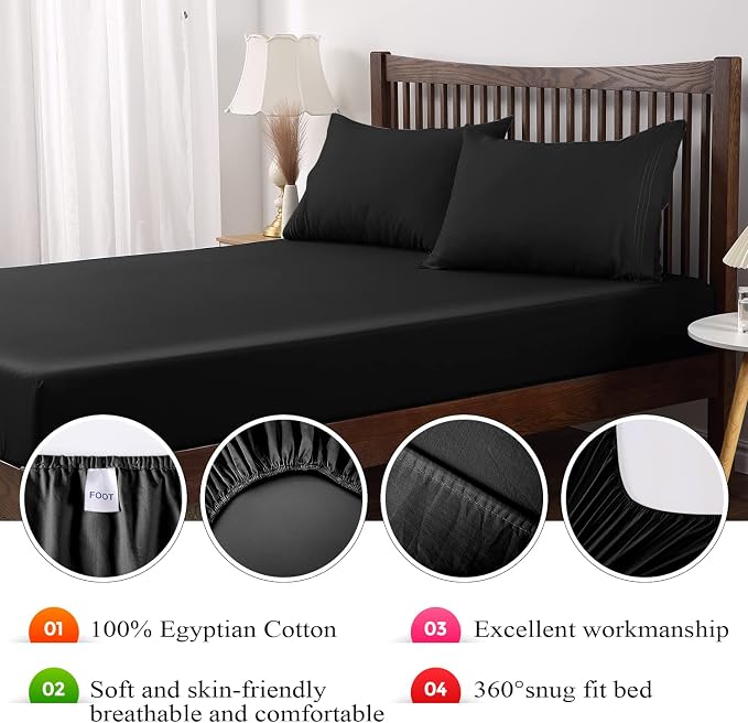 Full Size Fitted Sheet Only Black, 100% Egyptian Cotton 600 Thread Count - Image 7