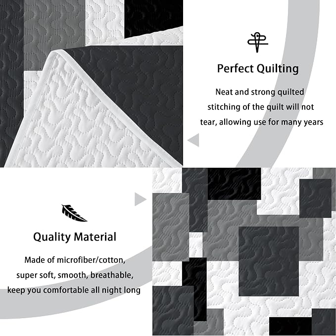 Tyrot 2 Piece Black Grey Quilt Set Twin Size Black White Gray Geometric - Image 4
