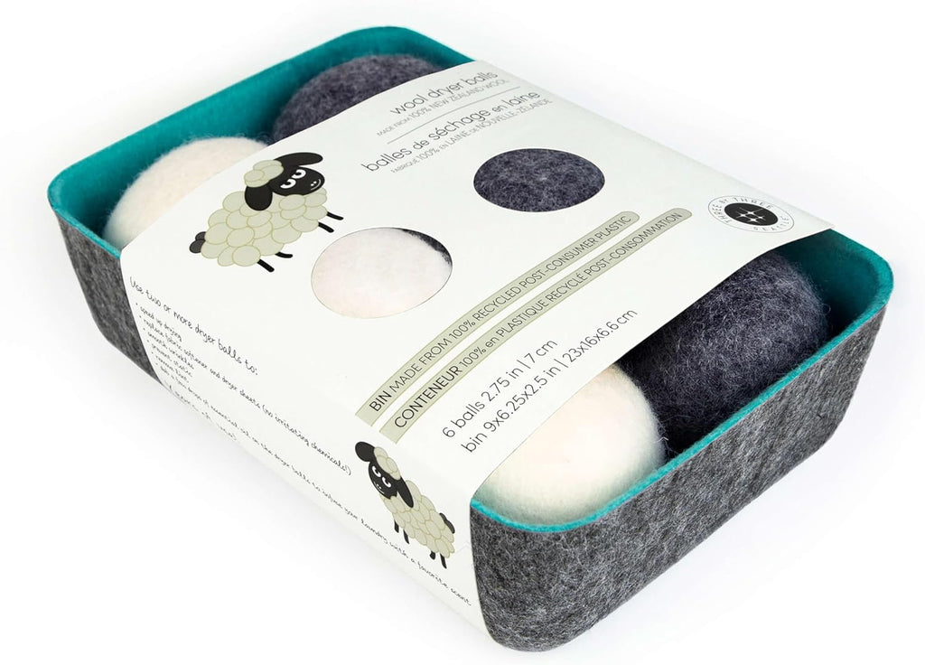 Three by Three Seattle Felt·Like·it!™ Wool Dryer Balls + Storage Bin: Reduce Drying Time, Static Cling, and Energy Use | Natural Alternative to Fabric Softeners (Pack of 6)