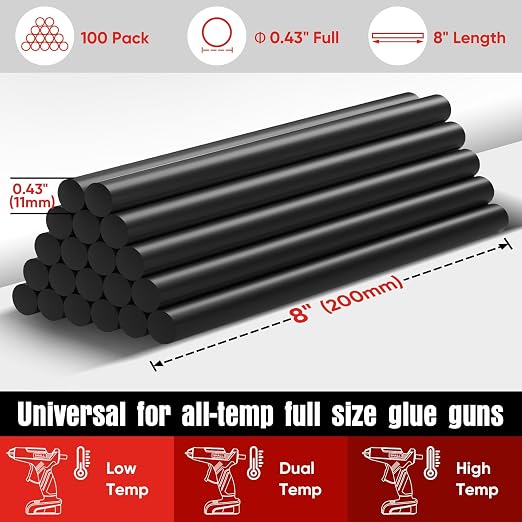 SHALL Full Size Hot Glue Sticks, 0.43” Dia x 8” Long, 100 Pack Black Glue Gun - Image 2