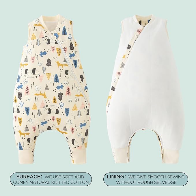 Duomiaomiao 1.5 TOG Toddler Sleep Sack 6-12 Months 100% Cotton Four Season Side Open Zipper Baby Sleep Sack with Feet, Breathable Toddler Wearable Blanket